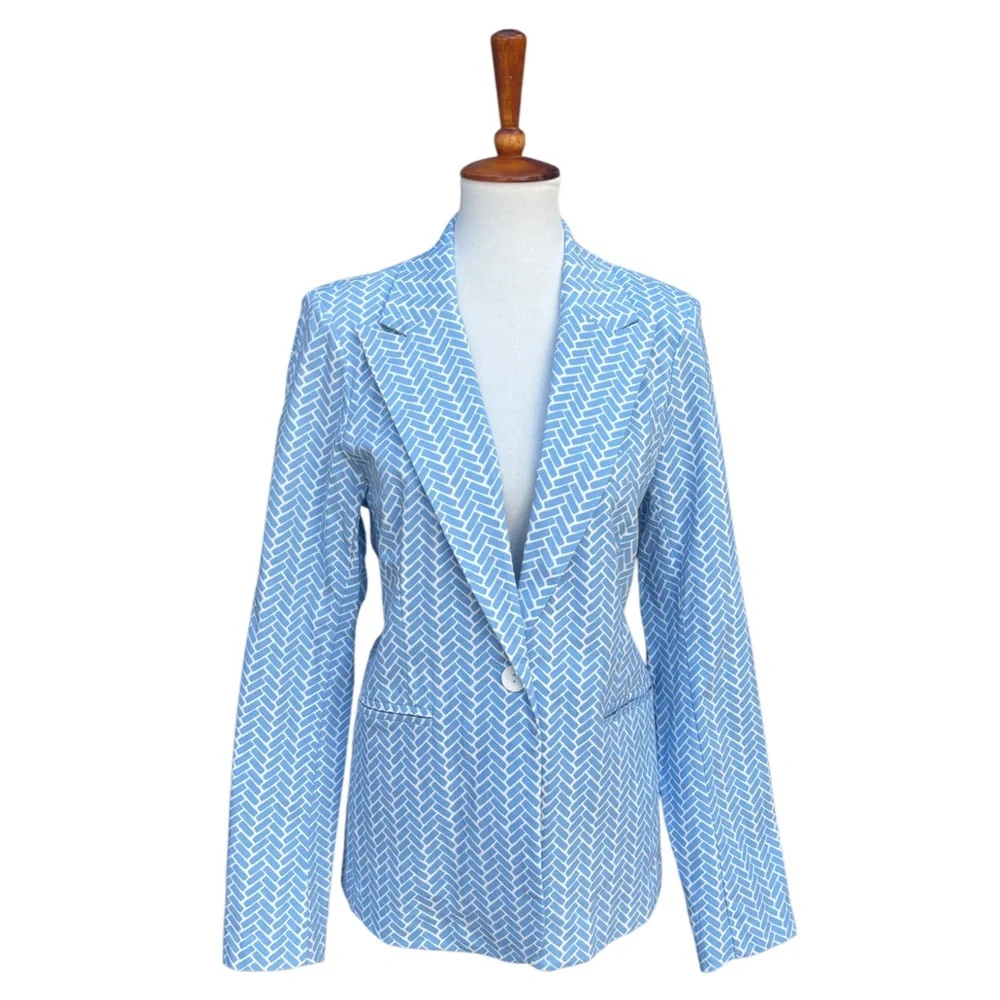 Esqualo Women’s 14 Stretch Block Print Light Blue & White Lightweight Blazer NWT